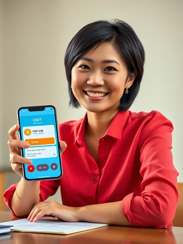 A teacher receiving a USDT/USDC payment notification on their phone, illustrating the secure and reliable payment system of 15Talk.
